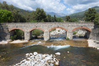 Alte Steinbrücke über einen Fluss in einer gebirgigen Landschaft bei schönem Wetter, Punte Viejo,