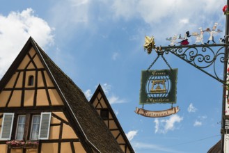 Restaurant sign, Eguisheim, Plus beaux villages de France, Haut-Rhin, Alsace, Alsace, France,