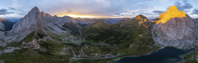 Alpine panorama, Hohe Warte and Wolayersee, sunset in the mountains, aerial view, Carnic Alps,