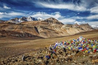 Buddhist prayer flags (lungta) on top of Baralacha La pass on Manali-Leh road. Baralacha La Pass,