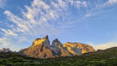 Los Cuernos, the horns, in the evening light, Torres del Paine National Park, Andes, Chile, South