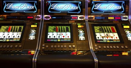 Las Vegas, Nevada, USA-March 10, 2019: Casino machines in the entertainment area at night waiting
