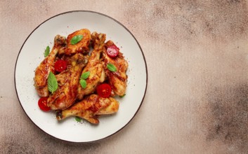 Fried chicken legs, in soy sauce, spices, herbs, top view, homemade