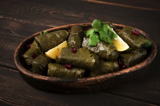 Dolma (Tolma) stuffed rolls, minced meat with rice, in grape leaves, top view, no people, close-up