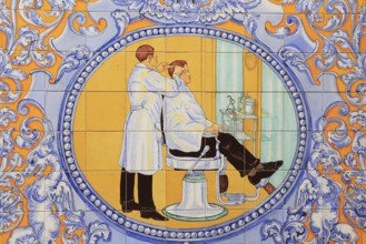 Ceramic tile picture of barber in Madrid city centre, Spain, Europe