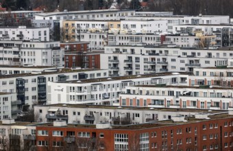 View of high-rise buildings and apartment blocks in the Berlin district of Marzahn-Hellersdorf,
