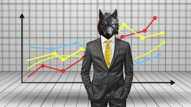 Symbolic image, wolf in a suit, stock market, industry, economy critical, exploitation, stress,