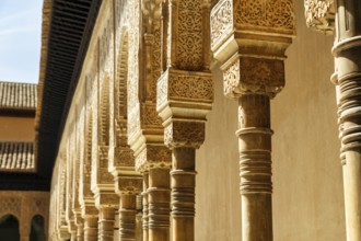 Colonnade, marble columns, arabesque Moorish architecture, Court of the Lions, Nasrid Palaces,