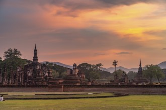 The central Buddhist temple Wat Mahathat at sunset, UNESCO World Heritage Sukhothai Historical