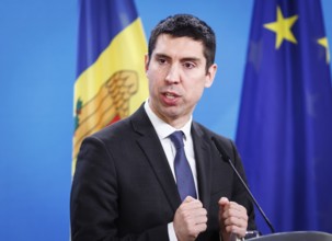 Mihai Popsoi, Foreign Minister of the Republic of Moldova, photographed during a joint press