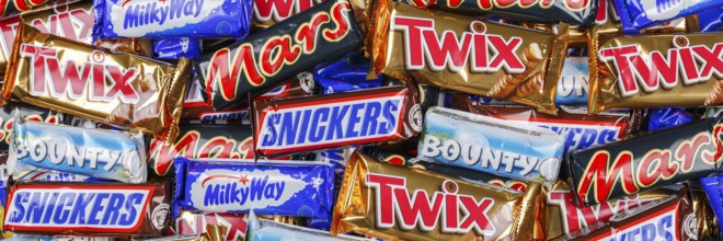 Mars Incorporated products such as Snickers chocolate bars, Twix, Milky Way and Bounty bars as