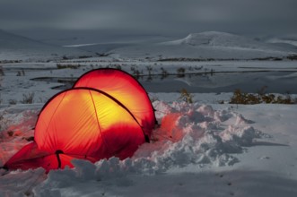 Tent in mountain landscape, Sarek National Park, World Heritage Laponia, Norrbotten, Lapland,
