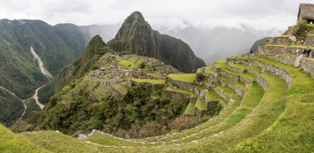 Panoramic view of Machu Picchu, with Huayna Picchu at the background, Machu Picchu, Cusco Region,