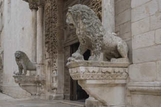 Lion sculptures at the entrance portal of the cathedral, Altamura, Apulia