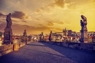 Charles bridge with statues and Prague castle in the early morning on sunrise. Prague, Czech