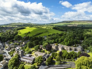 Skipton Castle from a drone, North Yorkshire, England, United Kingdom, Europe