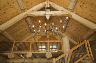 Knotty pine wood planks high cathedral ceiling with illuminated deer antlers chandelier, large