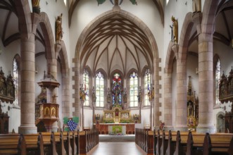 Interior view, nave, choir, altar, New Parish Church of the Assumption of the Virgin Mary, Scena,