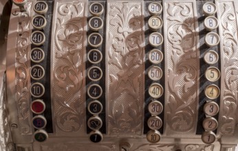 Old, mechanical cash register, currency in marks and pfennigs, numeric