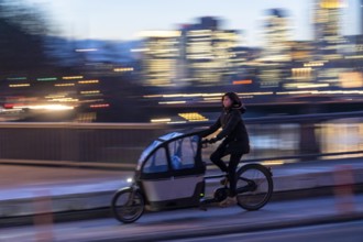 Skyline of the city centre of Frankfurt am Main, cargo bike cyclist on the rafter bridge, dusk,