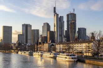 Skyline of the city centre of Frankfurt am Main, river Main, excursion boats at the Mainkai, dusk,