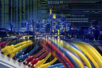 Symbolic image of critical infrastructure, skyline of Frankfurt am Main, data cable, hacker code