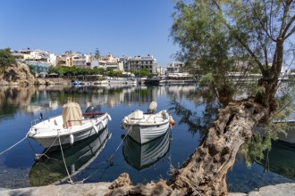 The village of Agios Nikolaos, in the eastern part of Crete, view over Lake Voulismeni, connected