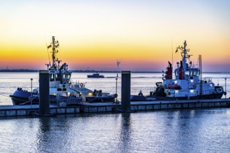 The tugboat pier, harbour tugs waiting for their next assignment, at the New Harbour, sunset over