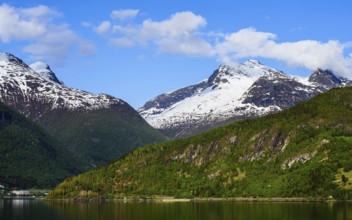 Mountains and Fjord over Norwegian Village, Olden, Innvikfjorden, Norway, Europe