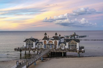 The pier of Sellin, evening mood, sunset, 394 metres long, with restaurant, jetty, beach chairs,