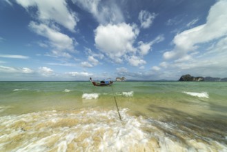 Longtail boat on the beach, Koh Ngai Island, Andaman Sea, Satun Province, Southern Thailand,