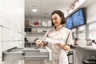 Young smiling woman in uniform looking for medicines in storage room of a pharmacy store