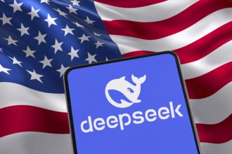 Deepseek Artificial Intelligence AI from China with USA United States of America flag on a mobile