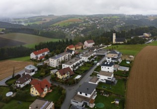 Drone image, residential buildings, view of village with church, Brunnenthal, Innviertel, Upper