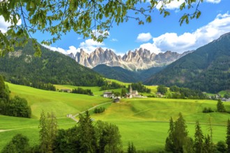 Framing the iconic santa maddalena church, green meadows and trees highlight the breathtaking
