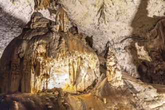 Large stalactites and stalagmites creating geological formations inside postojna cave, a famous