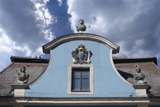 Gable of the Baroque Blue House with the double-headed eagle with the imperial insignia, built