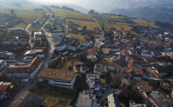 Drone image, view of the village with parish church, Patsch, Tyrol, Austria, Europe