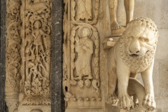 Lion at Radovan's portal of the Cathedral of St Lawrence in Trogir, Croatia, Europe