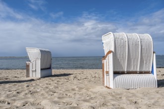 Two white beach chairs, beach, Utersum, North Sea island, Föhr, Schleswig-Holstein, Germany, Europe