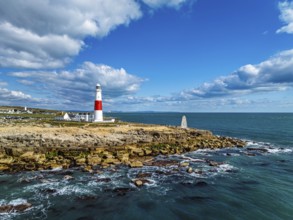 Portland Bill Lighthouse from a drone, Portland Bill, Isle of Portland, Dorset, England, United