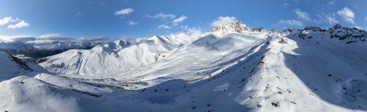 Alpine panorama, aerial view with Kesch hut, behind mountain peak Piz Kesch, Albula Alps, Rhaetian