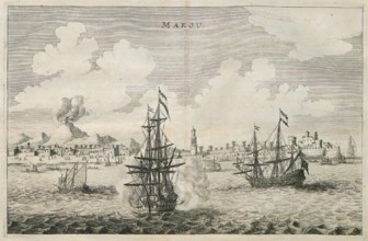 The harbour of Macau, Merchant ships, 17th century, Historical, digitally restored reproduction