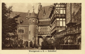 Historical postcard, picture postcard, castle courtyard in Wernigerode, Saxony-Anhalt, Germany,