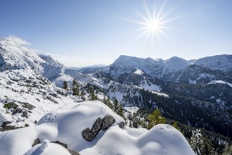 Snow-covered summit of the Jenner in autumn, view of mountain panorama with Hagengebirge,
