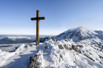Snow-covered summit of the Jenner with summit cross in autumn, Berchtesgaden National Park,
