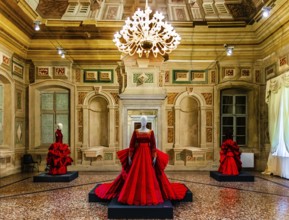Red silk Mikado wedding dress in various shades of red with embroidered bodice, 2009, exhibition of