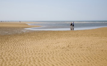 A couple paddling in shallow water by wide sand beach at Hunstanton, north Norfolk coast, England,
