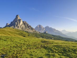 Ra Gusela at sunrise, blue sky, Passo di Giau, Dolomites, Belluno, Italy, Europe