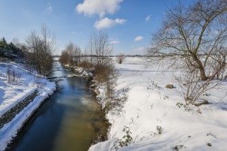 Hamm, North Rhine-Westphalia, Germany - Sunny winter landscape in the Ruhr area, ice and snow on